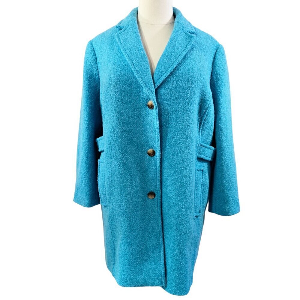 Talbots Bright Blue Boucle Wool Long Coat Back Waist Band Colorful Preppy